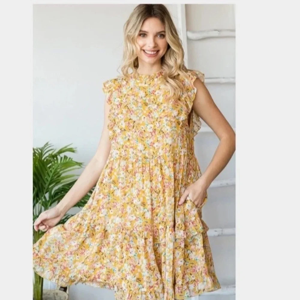 Q2 Savanna Floral Baby Doll Dress Womens Large Yellow Tiered Ruffle Sleeveless M